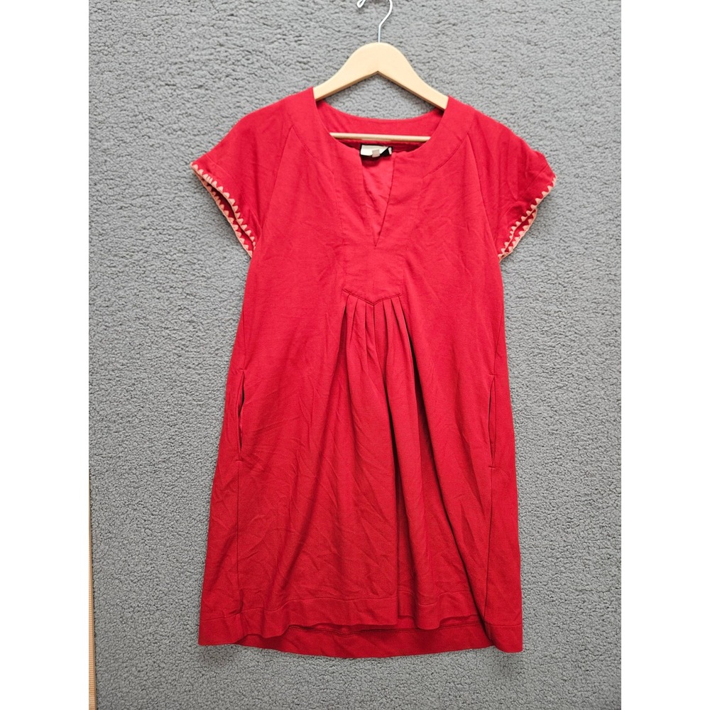Tuckernuck Tunic Dress Small Red Whipstitch Trim Pleated Boho Pocket 100% Cotton